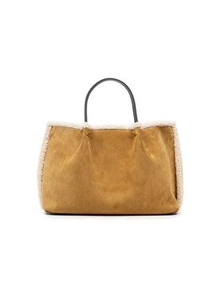 Mittelgroßer Shopper Aus Wildleder Mit Futter Aus Schaffell Und V-Logo Signature Aus Metall