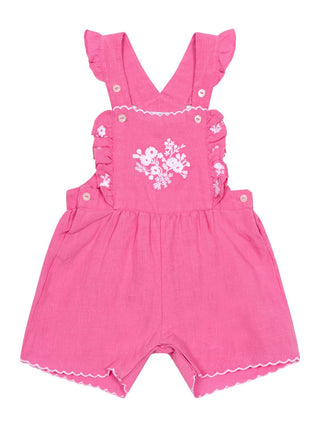 Bestickte Latzhose aus Leinen - Pink