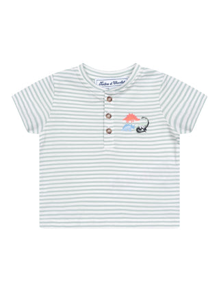 T-Shirt mit Ringeln und Dino-Motiven – Mintgrün