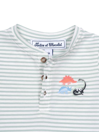 T-Shirt mit Ringeln und Dino-Motiven – Mintgrün