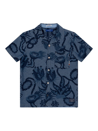 Kurzarmhemd aus Chambray mit Allover-Print - Blau