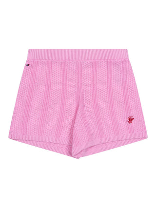 Shorts in Häkel-Optik mit aufgesticktem Logo - Rosa