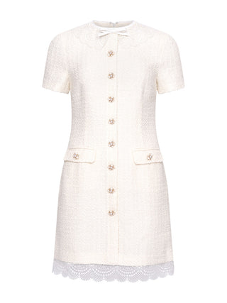 Cremefarbenes Bouclé-Mini-Kleid mit Spitzenbesatz und taillierter Passform