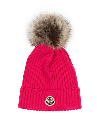 Mütze aus Wolle mit Kunstpelz-Bommel - Pink