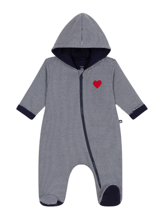 Wattierter Overall mit Kapuze und Füßchen, gestreift – Blau/Weiß